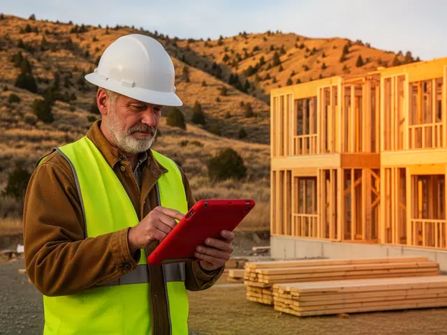 Bearded builder in a white hard hat and yellow vest using a red tablet beside new wood framing