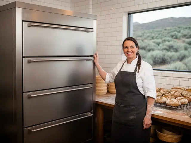 Smiling baker in a white chef jacket and grey apron resting a hand on a large stainless-steel oven