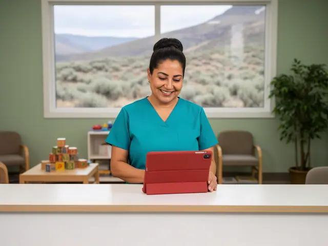 Smiling office manager in teal scrubs using a red tablet on a stand at a white front desk