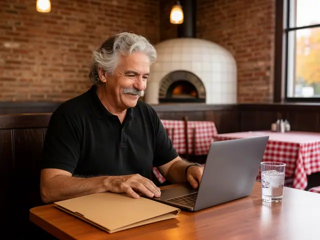 Grey-haired pizzeria owner smiling at a laptop at a table, tiled wood-fired oven behind him
