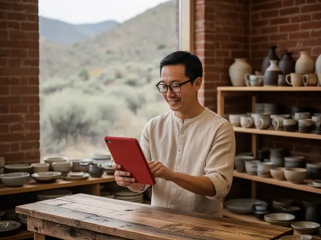Smiling man in glasses and a linen shirt holding a red tablet in a pottery shop with brick walls