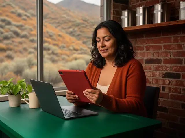 Woman in a rust cardigan looking at a red tablet at a green table beside a laptop and plant