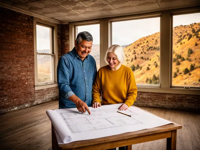 Two business partners smiling over a floor plan spread on a table in an empty brick room