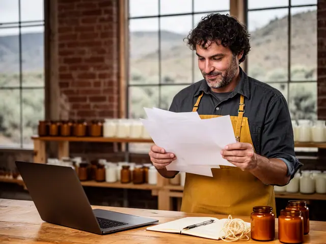 Bearded man in a mustard apron reading printed pages at a wooden workbench with jars and a laptop